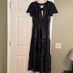 Anthropologie Black faux leather maxi Dress with Lace Detail